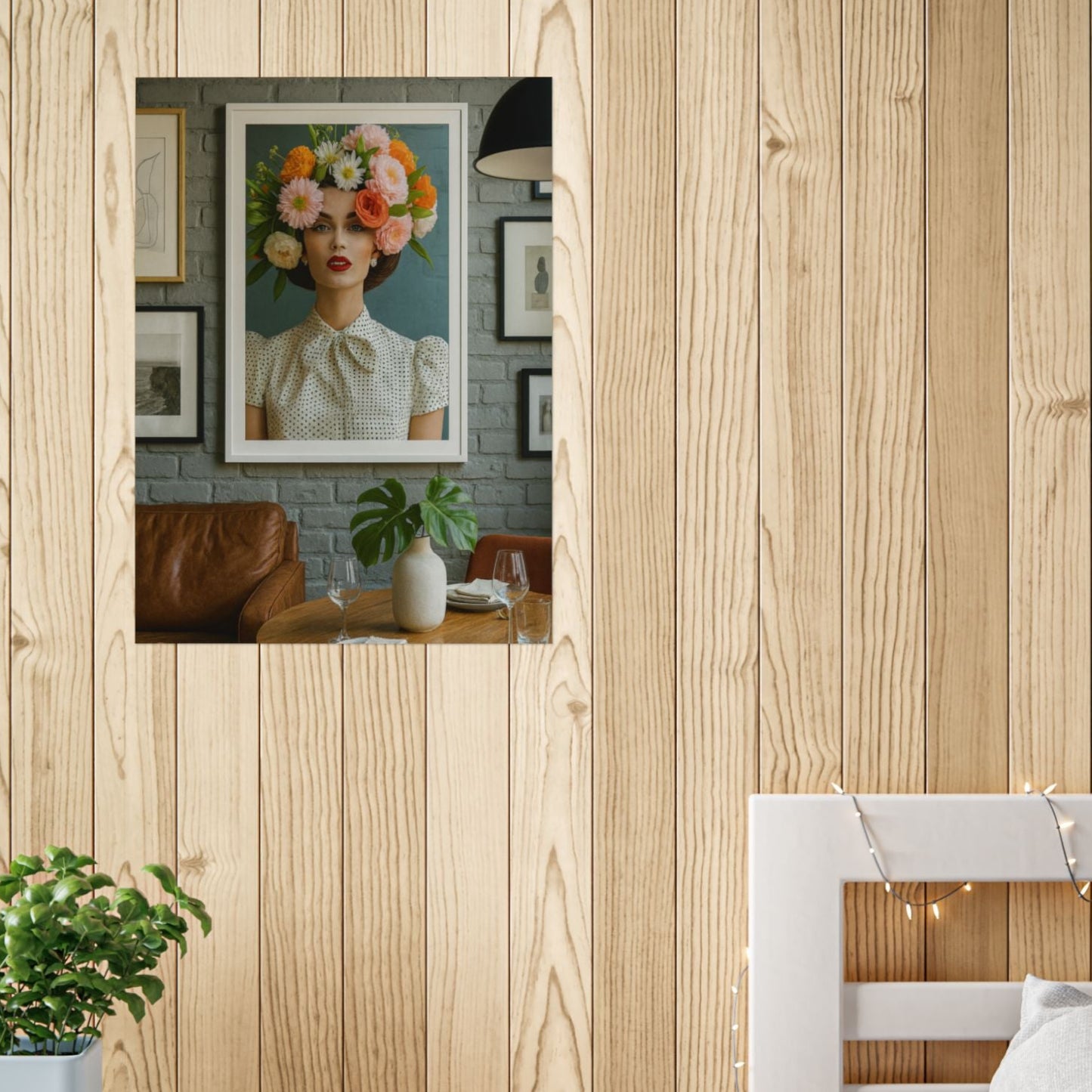 Glossy art poster print titled "Brooklyn in Soho" featuring a woman with a vibrant floral crown, styled against a teal background. Displayed in a moody, elegant dining space.