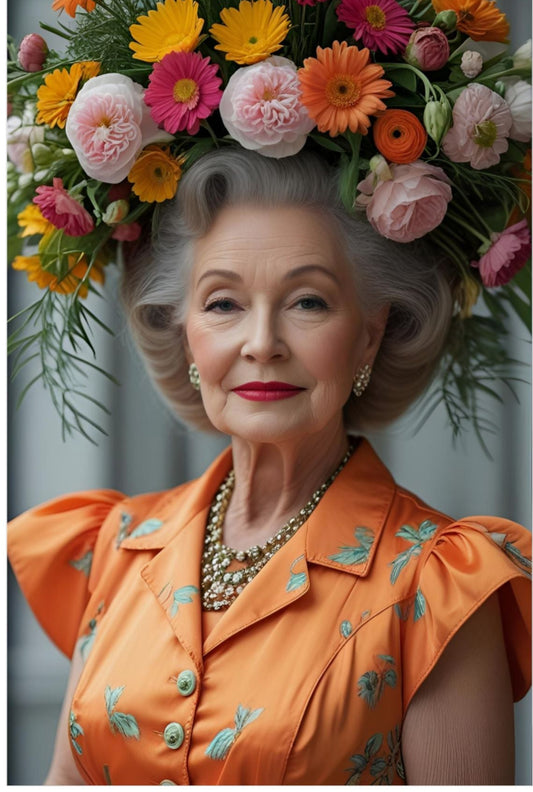 Woman in an orange dress with a floral headpiece against a gray curtain background