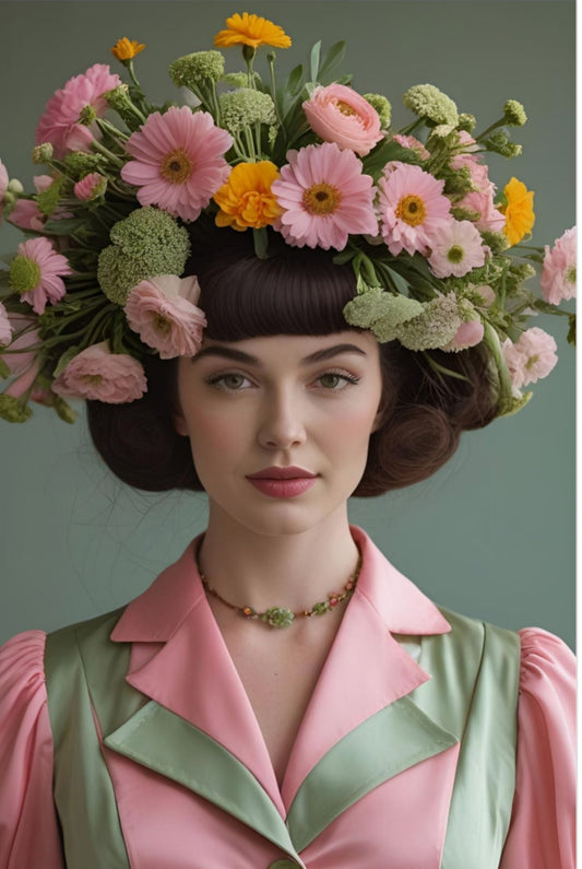 Woman with a floral headpiece against a plain background