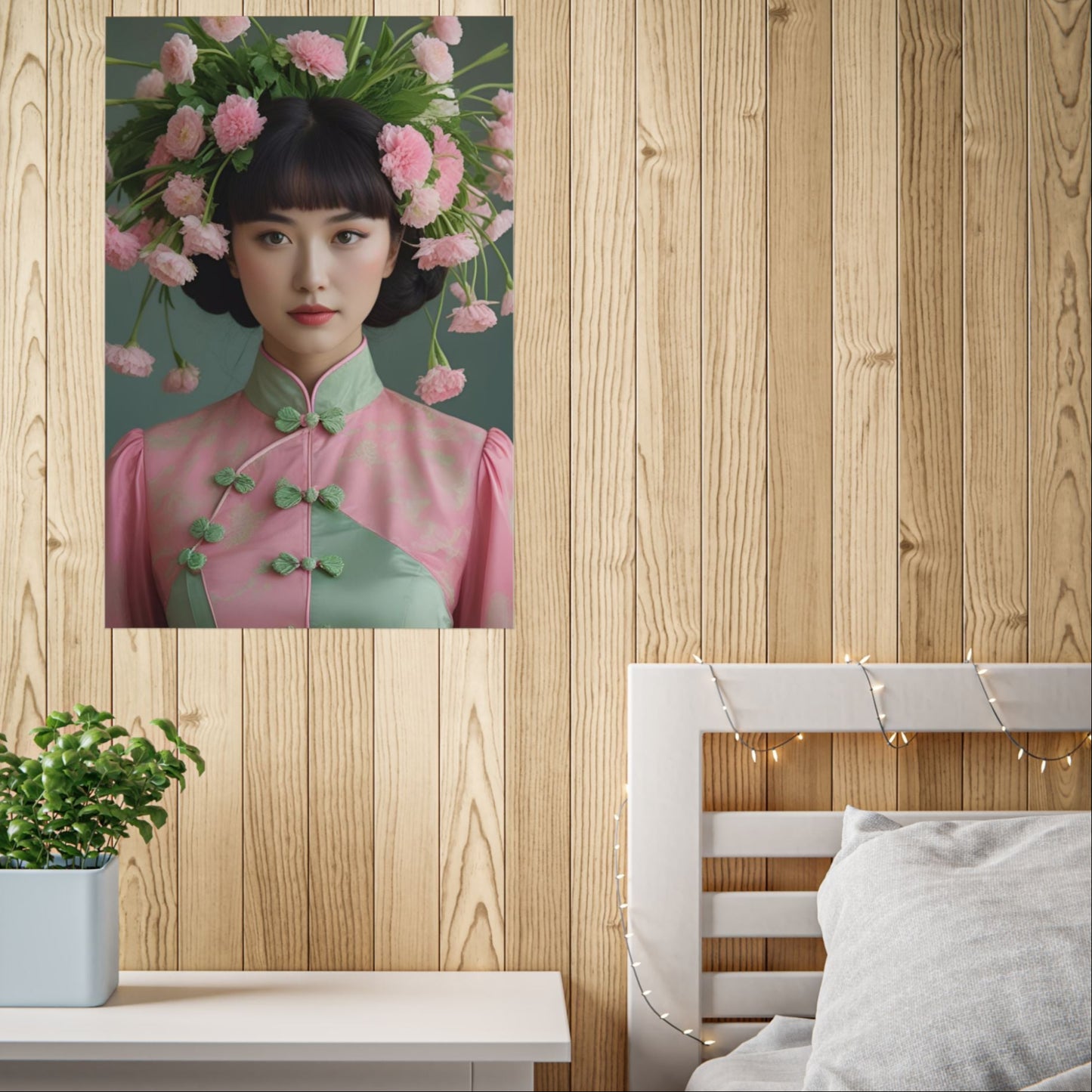 Framed art print of Nanette, a young woman wearing a soft pink and sage green traditional outfit, adorned with a dramatic pink carnation floral headdress, set against a dark green background. Part of the Lily and Friends collection, evoking elegance, femininity, and moody charm.