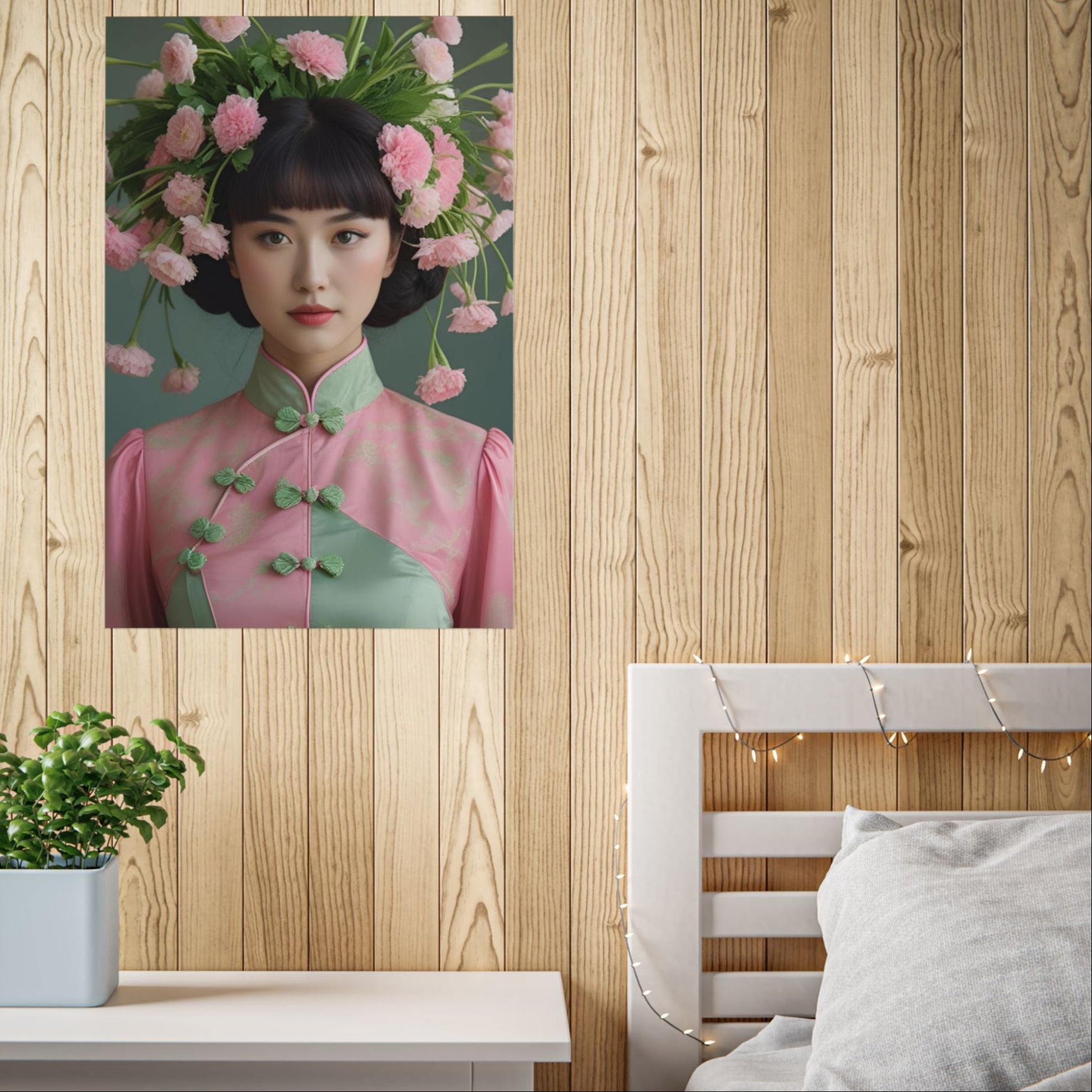 Framed art print of Nanette, a young woman wearing a soft pink and sage green traditional outfit, adorned with a dramatic pink carnation floral headdress, set against a dark green background. Part of the Lily and Friends collection, evoking elegance, femininity, and moody charm.