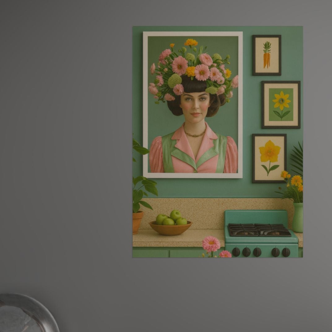 16 x 20 inch art poster titled "Billie is a Domestic Goddess" featuring a vintage-styled woman with a floral crown, displayed above a retro green kitchen setting with mid-century details.