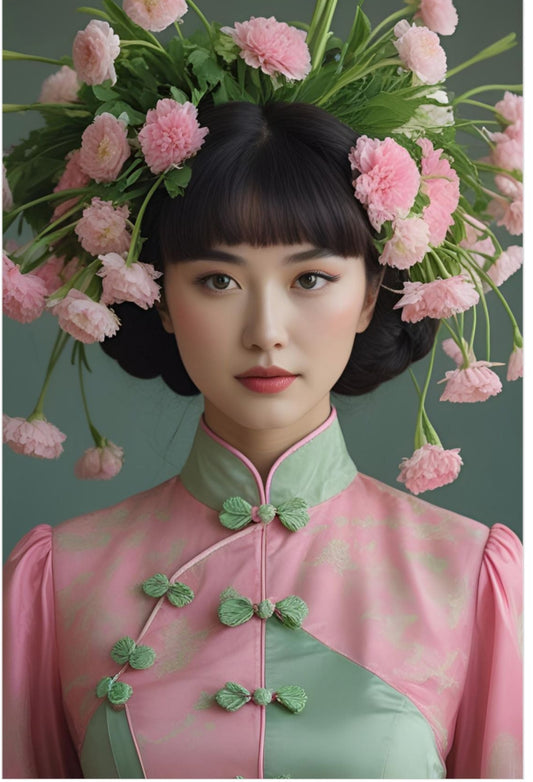Woman in traditional attire with floral headpiece against a plain background