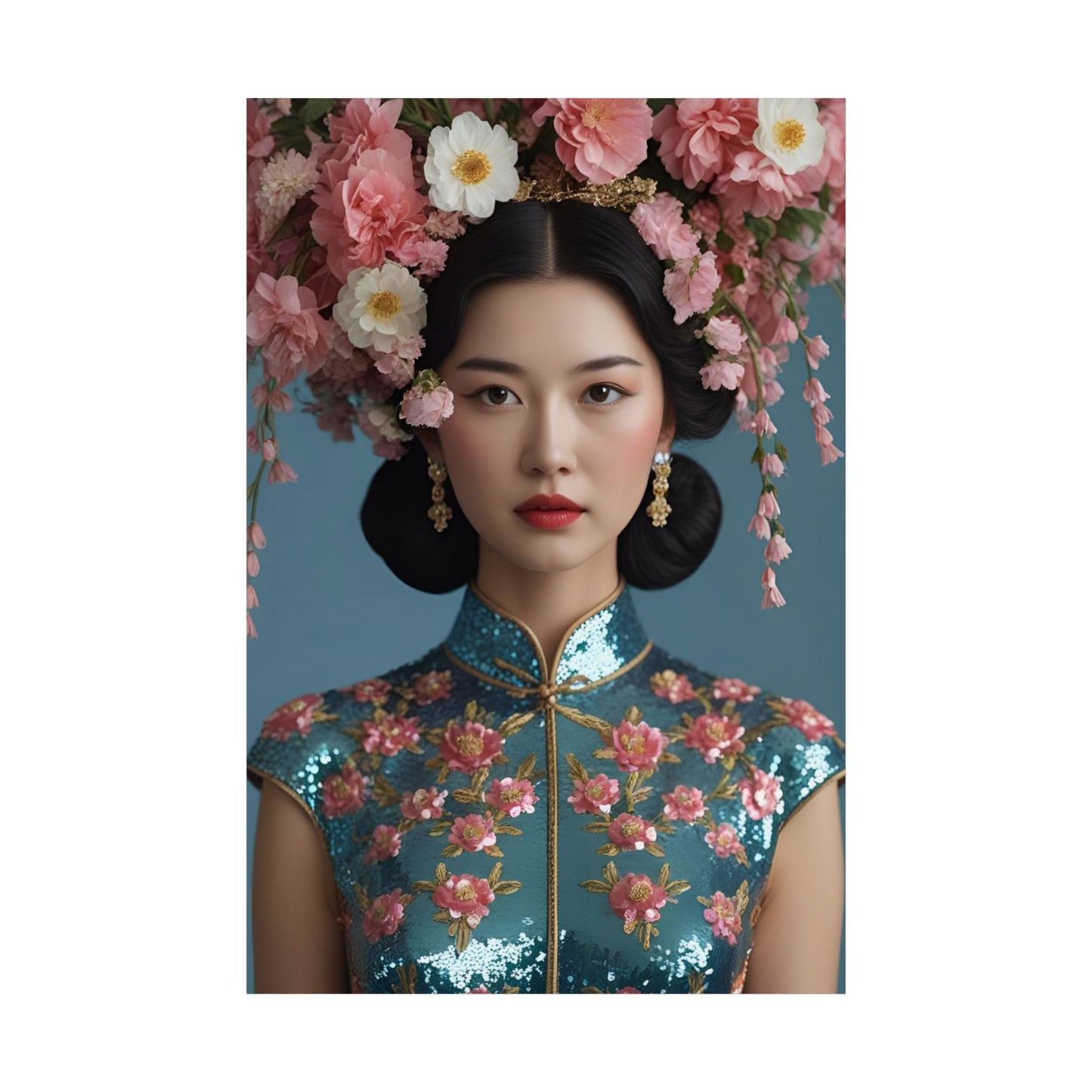 Woman wearing a traditional outfit with floral headpiece against a blue background