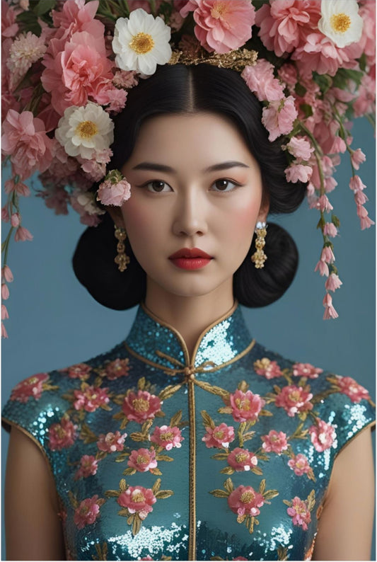 Woman wearing a traditional outfit with floral headpiece against a blue background
