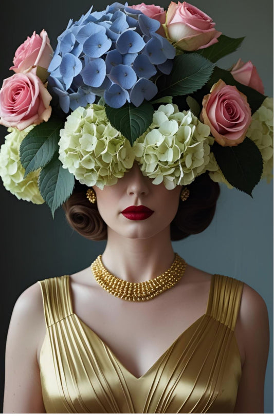 Woman wearing a floral headpiece with blue, pink, and green flowers, wearing a gold dress and necklace.