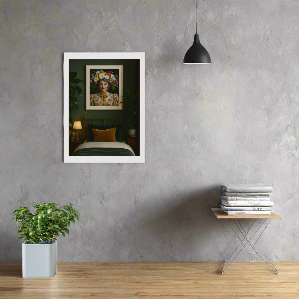 Framed 16 x 20 inch art poster titled Come Stay with Farrah, featuring a woman with a vibrant floral crown in a vintage floral blouse, styled in a dark green bedroom with velvet accents.