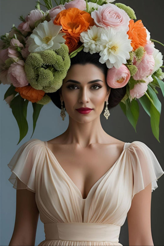 Woman wearing a floral headpiece with a plain background