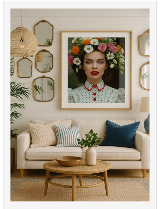 16 x 20 inch art print titled "Cynthia and Her Mirrors" featuring a confident woman with red lipstick and a floral crown, styled above a cream sofa in a coastal-inspired living room with rattan accents and mirrors.