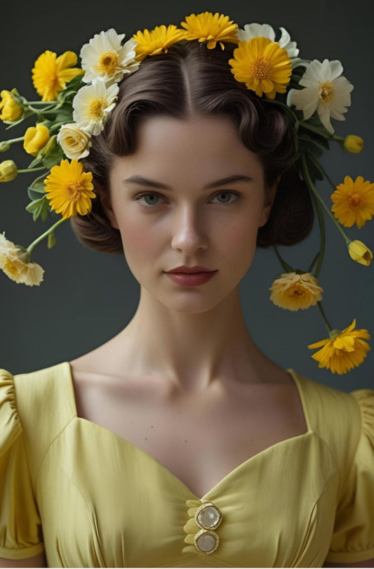 Woman with flowers in her hair wearing a yellow dress against a dark background