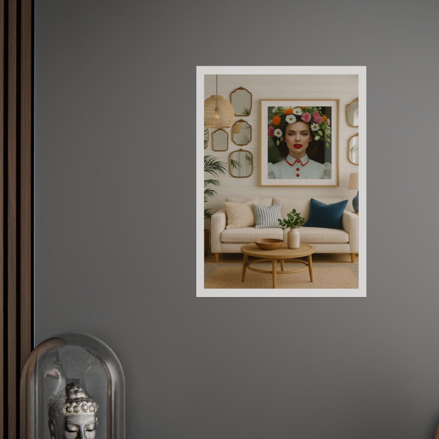 16 x 20 inch art print titled "Cynthia and Her Mirrors" featuring a confident woman with red lipstick and a floral crown, styled above a cream sofa in a coastal-inspired living room with rattan accents and mirrors.