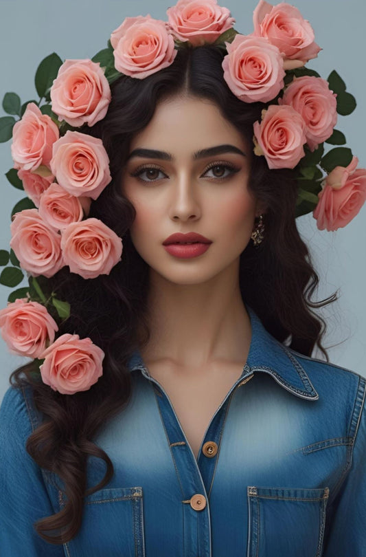 Portrait art print of Carmen – a woman with long dark waves and a crown of pink roses, wearing a vintage denim shirt. Inspired by 1960s–70s fashion. Part of the Lily and Friends collection.