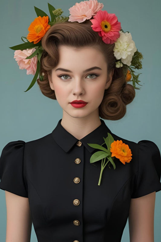 Art print of Lois, a woman with vintage-styled hair adorned with colourful flowers, wearing a classic black dress with gold buttons. Part of the Lily and Friends collection.