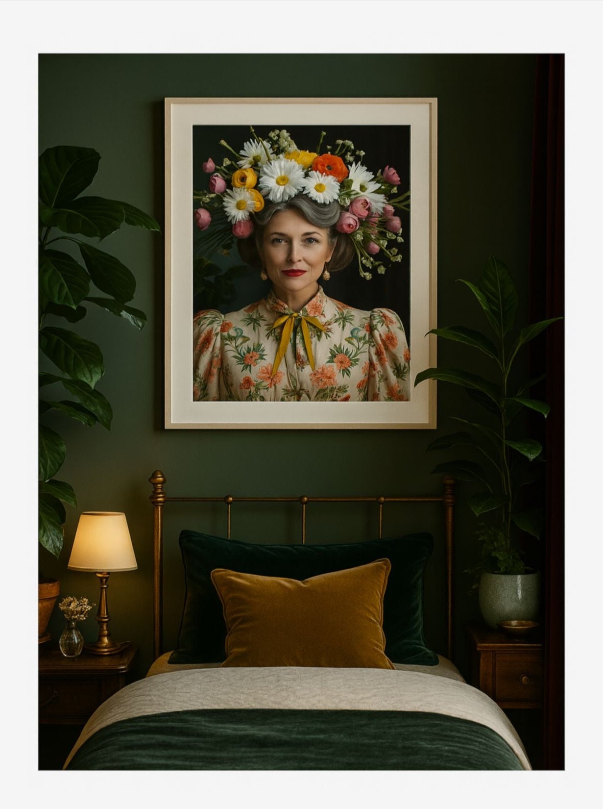 Framed 16 x 20 inch art poster titled Come Stay with Farrah, featuring a woman with a vibrant floral crown in a vintage floral blouse, styled in a dark green bedroom with velvet accents.