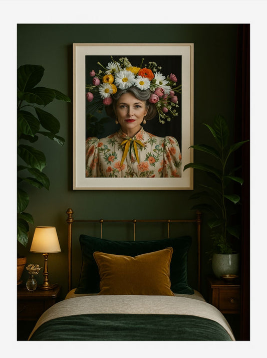 Framed 16 x 20 inch art poster titled Come Stay with Farrah, featuring a woman with a vibrant floral crown in a vintage floral blouse, styled in a dark green bedroom with velvet accents.