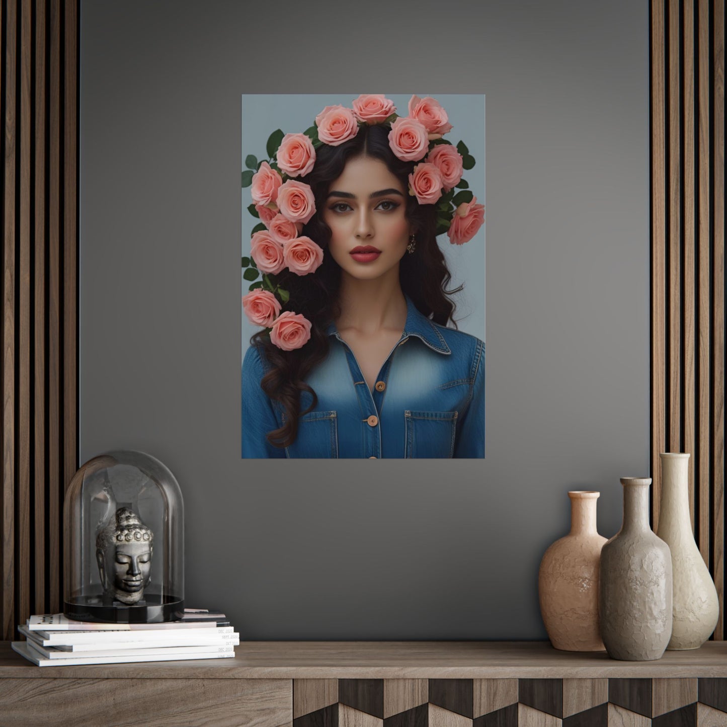 Portrait art print of Carmen – a woman with long dark waves and a crown of pink roses, wearing a vintage denim shirt. Inspired by 1960s–70s fashion. Part of the Lily and Friends collection.