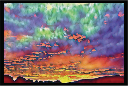 Art poster print featuring a vibrant sunset sky with bold pinks, purples, and oranges over a landscape, bordered in black.