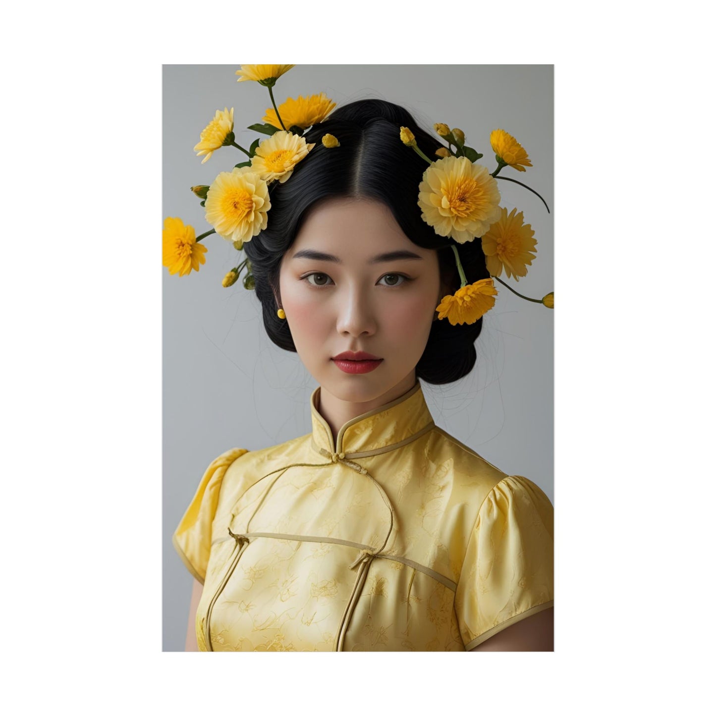 Portrait of Nam, a woman in a golden silk cheongsam with yellow flowers in her hair, from the Lily & Friends art print collection.