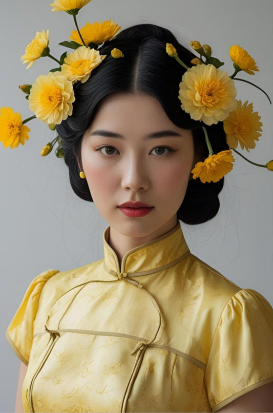 Portrait of Nam, a woman in a golden silk cheongsam with yellow flowers in her hair, from the Lily & Friends art print collection.
