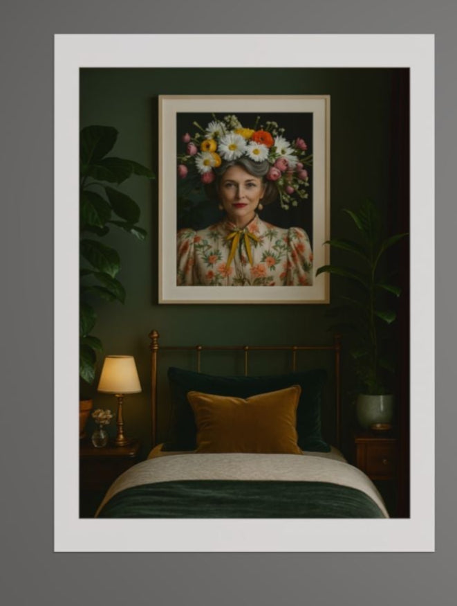 Framed 16 x 20 inch art poster titled Come Stay with Farrah, featuring a woman with a vibrant floral crown in a vintage floral blouse, styled in a dark green bedroom with velvet accents.