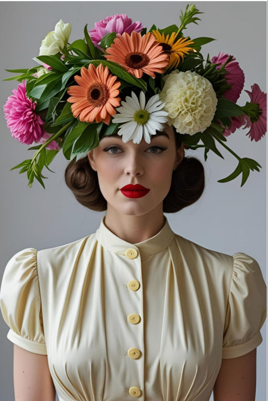 Portrait of Gaynor wearing a cream vintage dress and bold red lipstick, crowned with colourful daisies, gerberas, and dahlias. Part of the Lily and Friends art print collection.