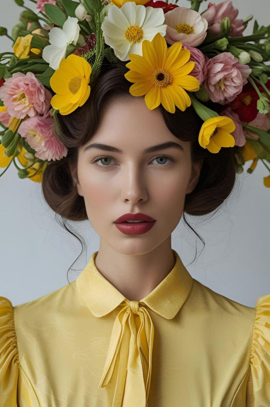 Woman wearing a floral headpiece with yellow and pink flowers against a white background