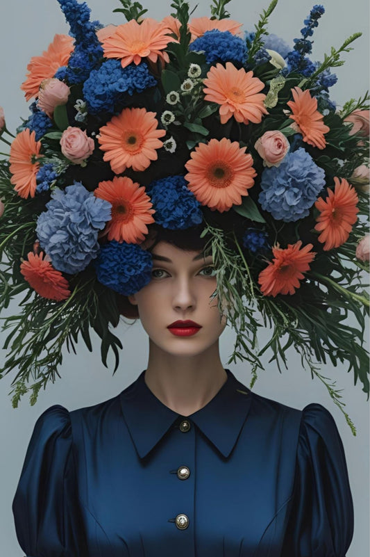 Woman wearing a headpiece made of colorful flowers and greenery against a light blue background