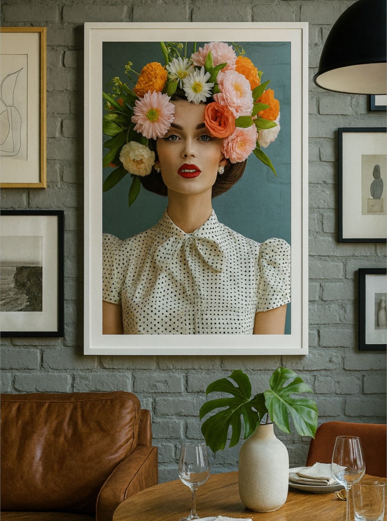 Glossy art poster print titled "Brooklyn in Soho" featuring a woman with a vibrant floral crown, styled against a teal background. Displayed in a moody, elegant dining space.
