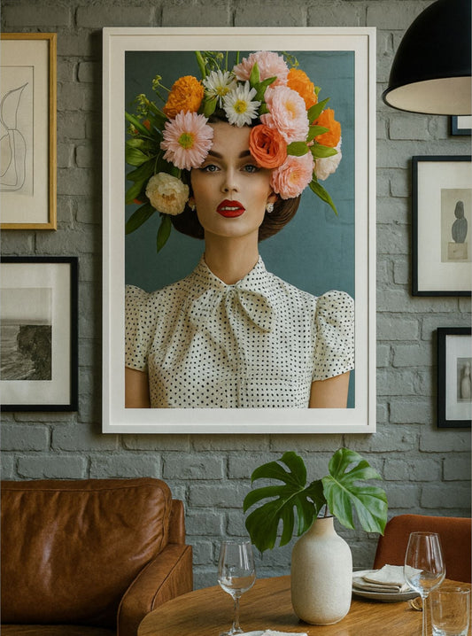 Glossy art poster print titled "Brooklyn in Soho" featuring a woman with a vibrant floral crown, styled against a teal background. Displayed in a moody, elegant dining space.