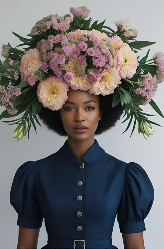 Woman wearing a large floral headpiece against a plain background