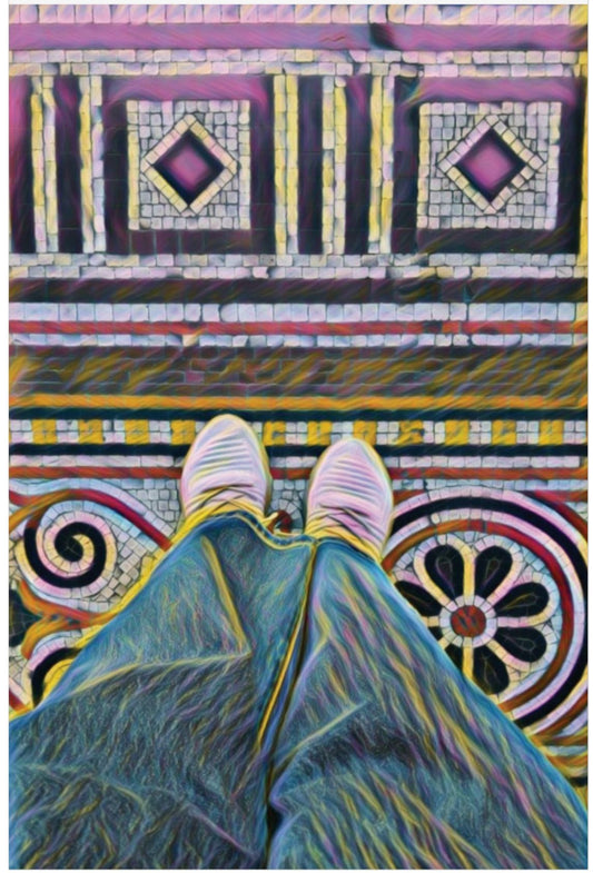 An art poster print featuring the floor mosaic of the Melbourne Parliament Building, with vibrant colors and geometric patterns.