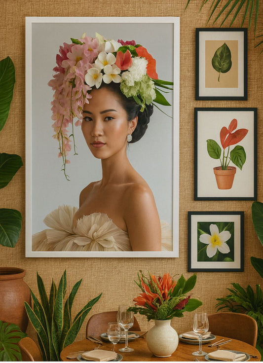 Glossy art poster titled Dinner with Dao featuring a woman in a vibrant floral headdress, framed within a stylish dining area with wooden furniture, greenery, and tropical artwork.