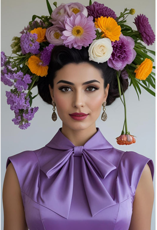 Woman wearing a floral headpiece with a purple dress on a white background