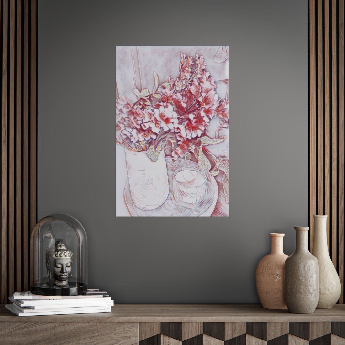 Soft Bloom Serenity Still Life Art Poster Print Pinky Reds Neutrals