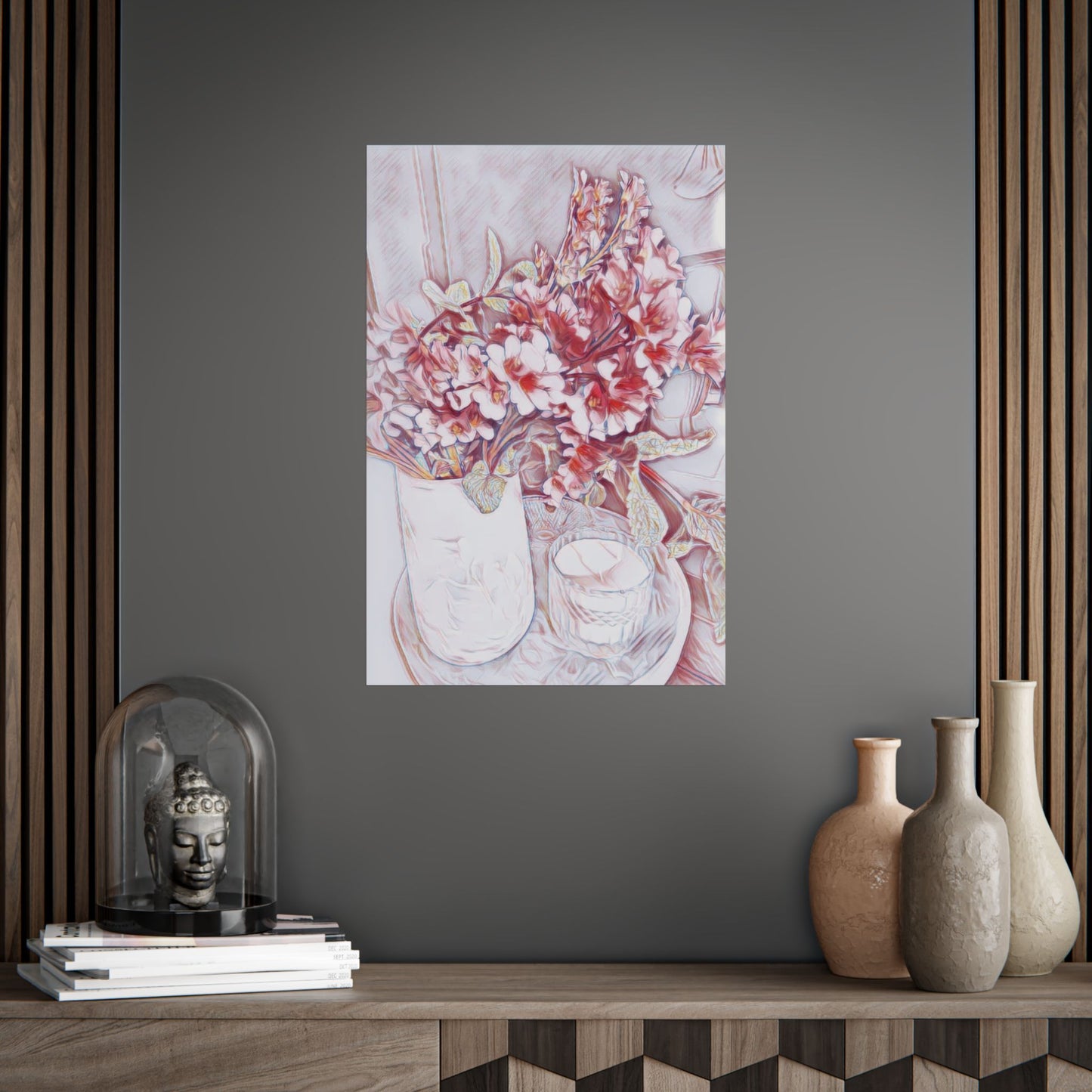 Soft Bloom Serenity Still Life Art Poster Print Pinky Reds Neutrals