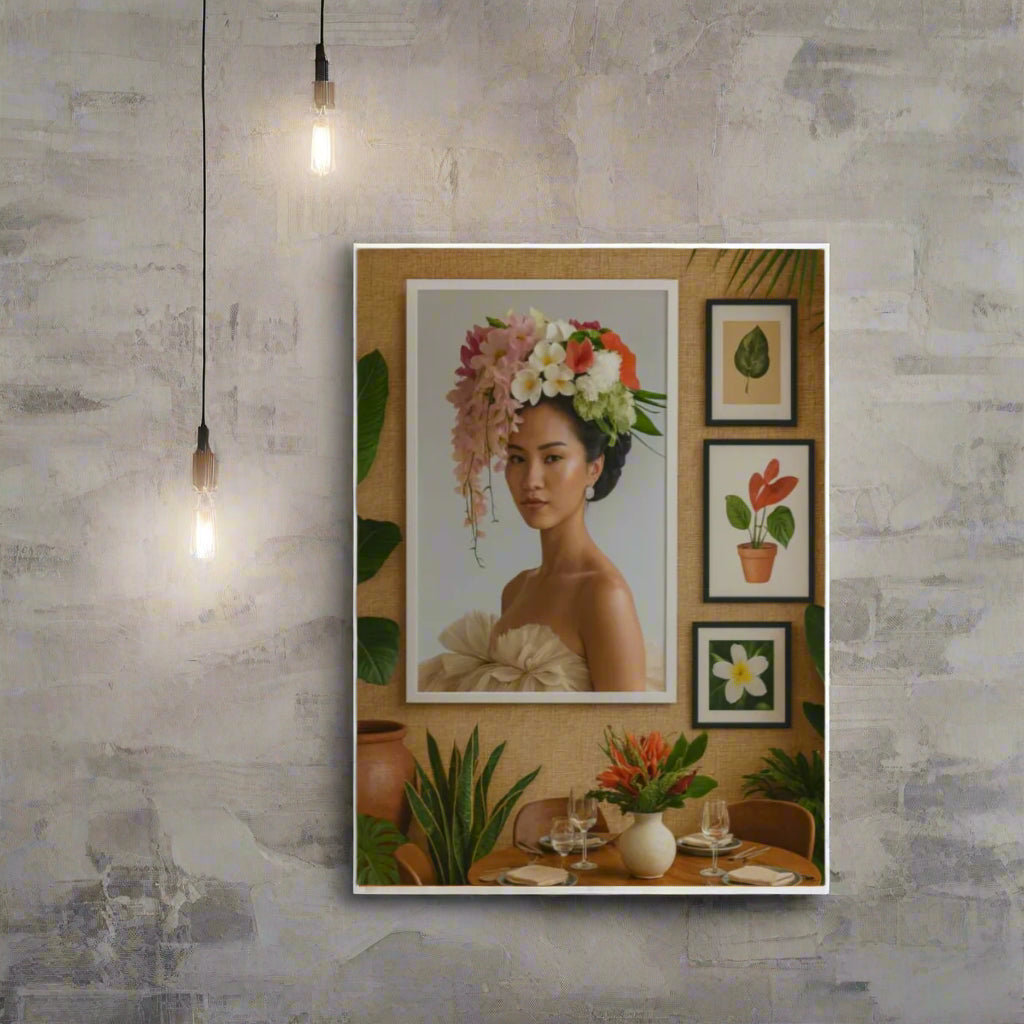 Glossy art poster titled Dinner with Dao featuring a woman in a vibrant floral headdress, framed within a stylish dining area with wooden furniture, greenery, and tropical artwork.