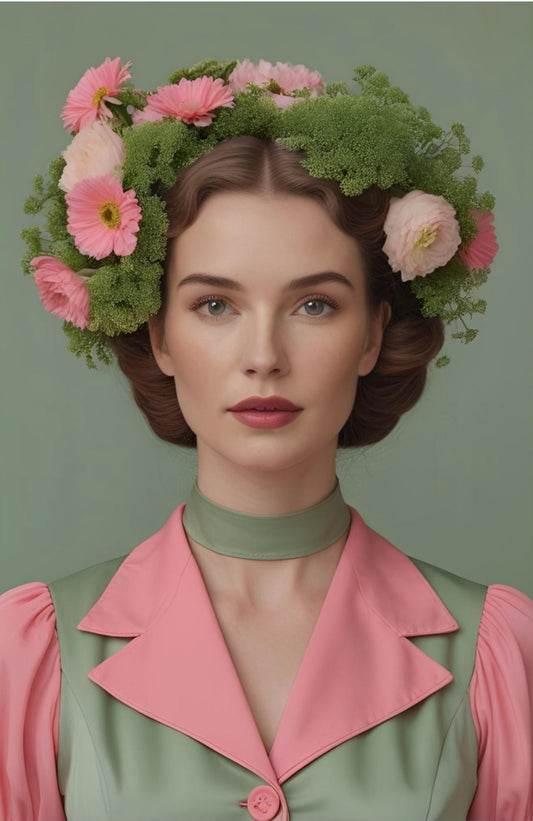 Woman with floral and greenery headpiece against a green background