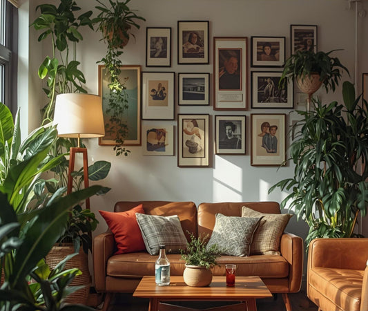 Mid-century modern lounge room featuring a tan leather sofa, gallery wall of vintage portraits, lush houseplants, and a cozy boho rug.