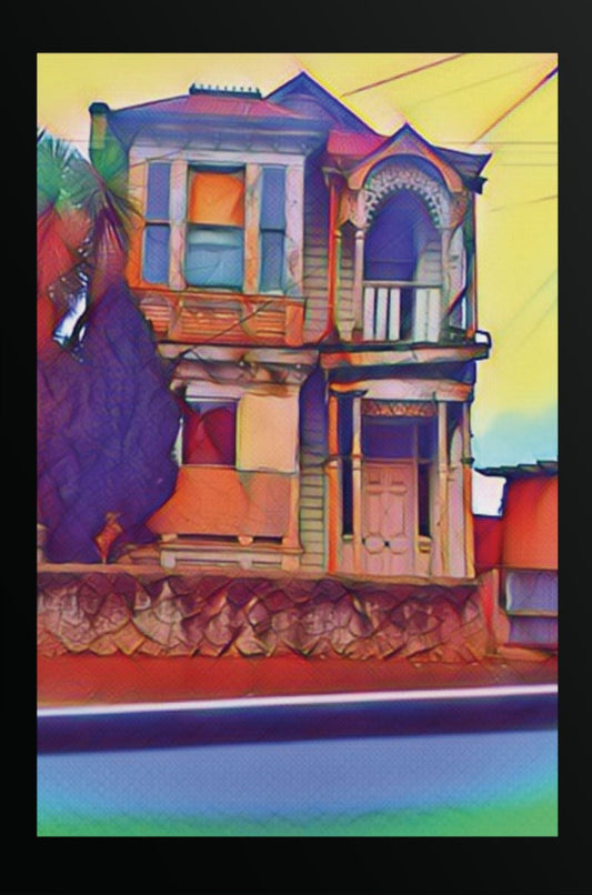 Art poster print depicting a colourful abstract representation of a building with a black border, displayed on a wall above a shelf with decorative items.