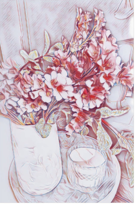 A poster print featuring a still life composition with soft pink and neutral hues, displaying gentle blossoms in a textured vase, placed on a wall above a bed and beside a plant.