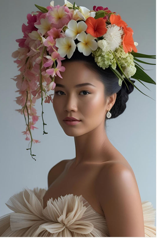 Woman wearing a floral headpiece with a plain background