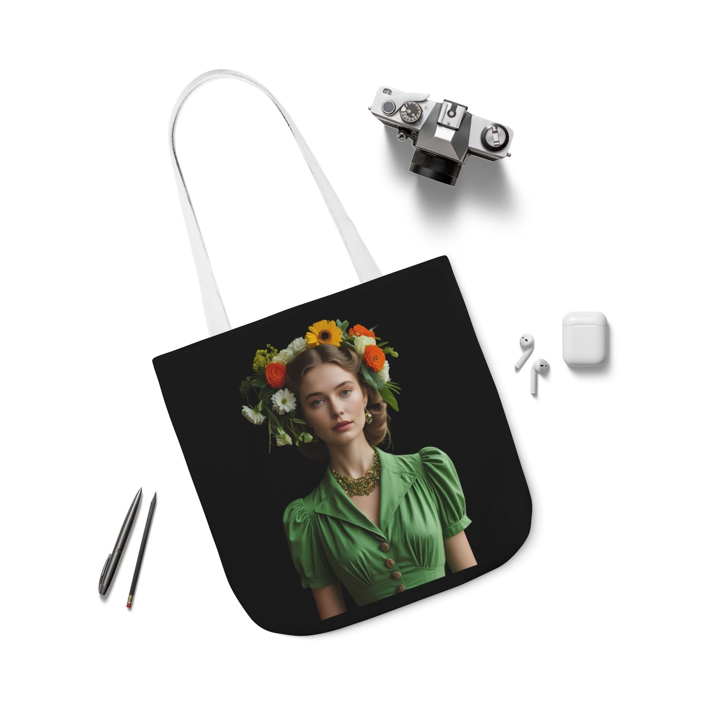 Joyful by Nature, Powerful by Choice - Helena Vintage Frock and Flowers Art Tote Bag  - Large