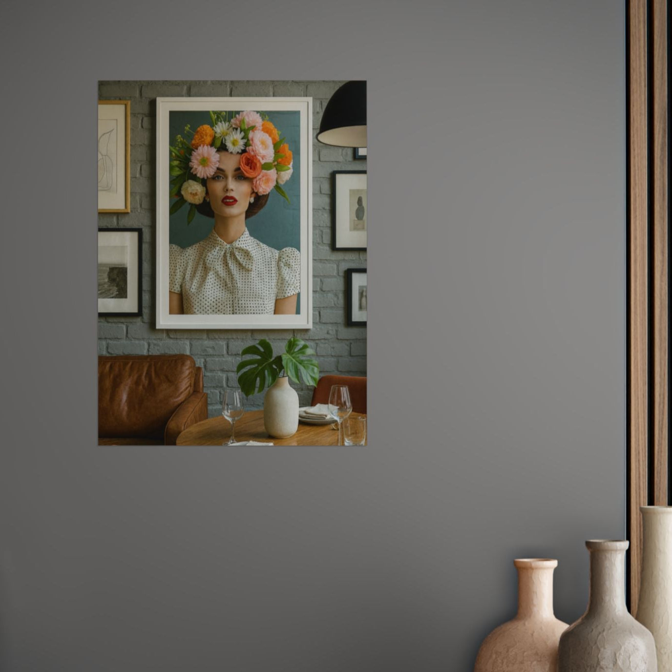 Glossy art poster print titled "Brooklyn in Soho" featuring a woman with a vibrant floral crown, styled against a teal background. Displayed in a moody, elegant dining space.