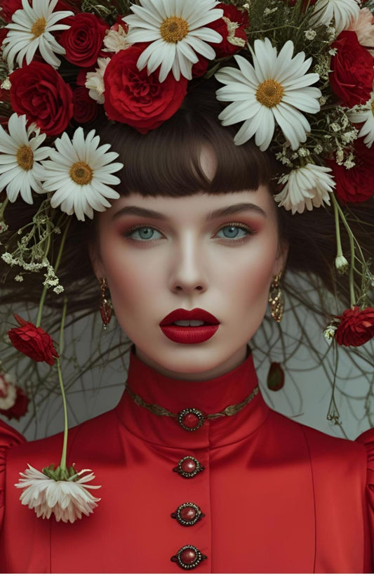 Woman with flowers in her hair and a red outfit against a white background