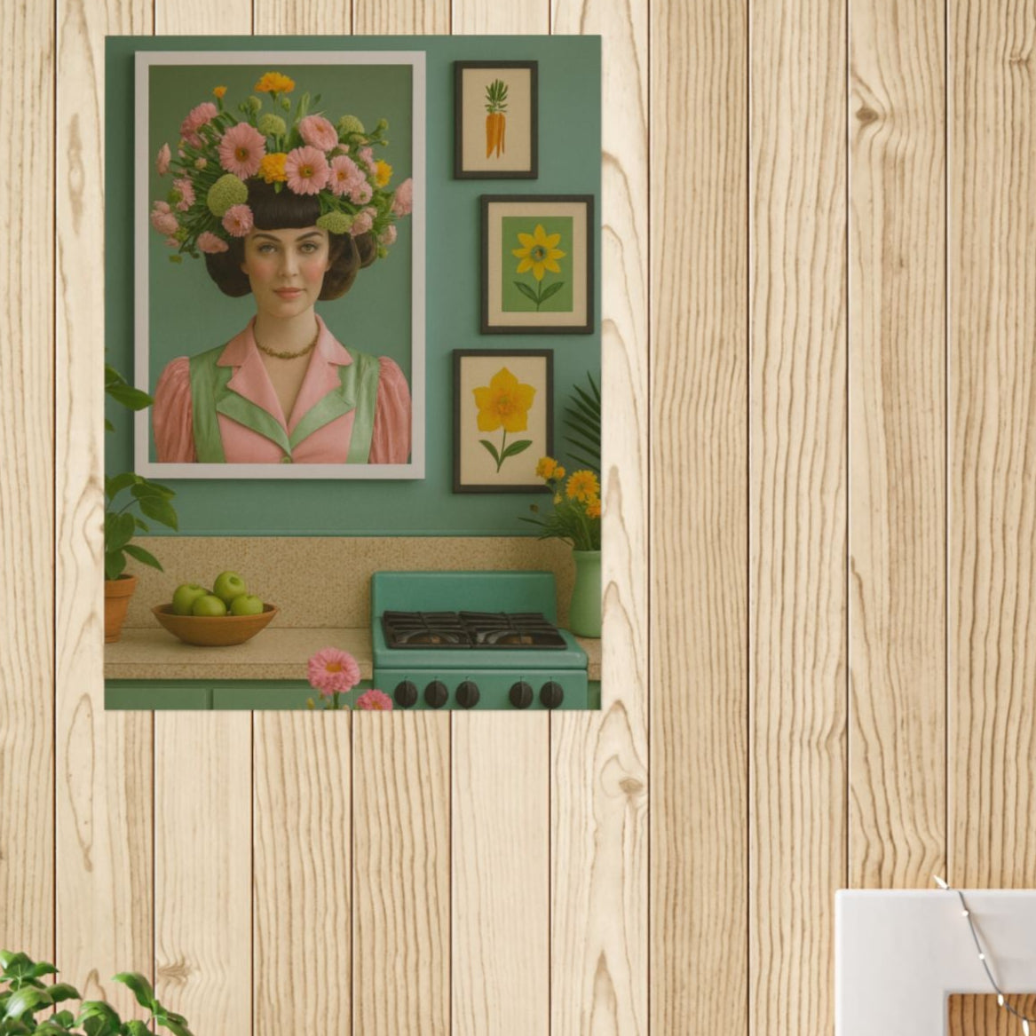16 x 20 inch art poster titled "Billie is a Domestic Goddess" featuring a vintage-styled woman with a floral crown, displayed above a retro green kitchen setting with mid-century details.