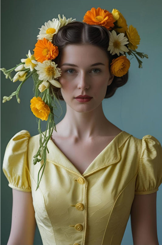 Woman wearing a yellow dress with floral headpiece against a dark background