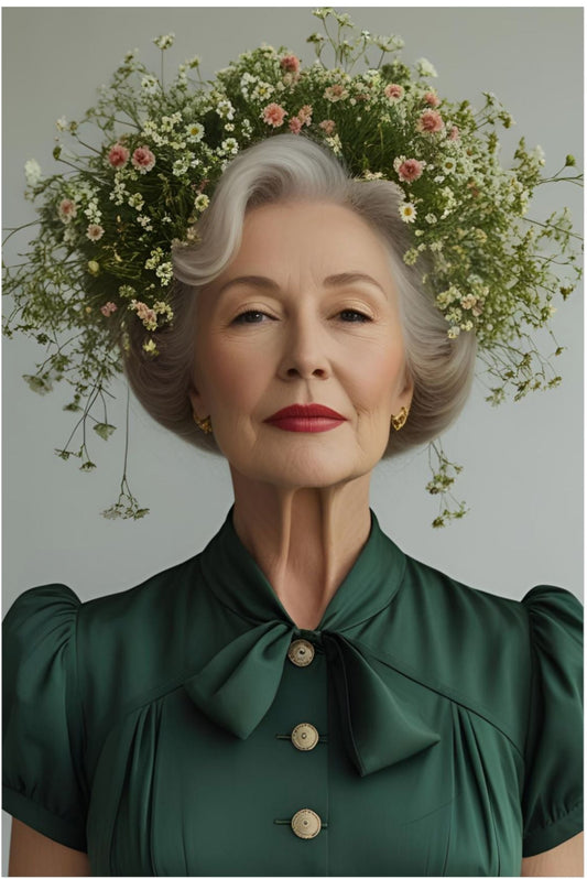 Woman in a green dress with flowers in her hair against a plain background
