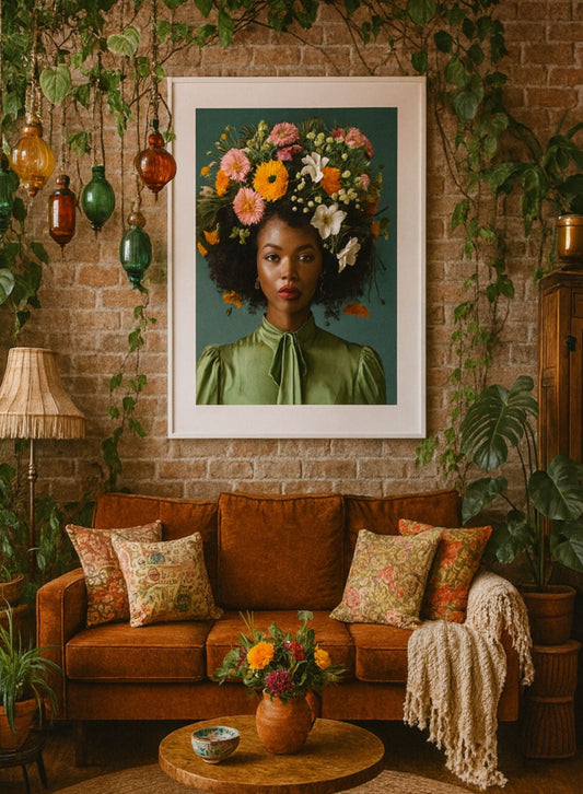 Living room with a brown couch, decorative pillows, and a wall art print of a woman with flowers in her hair.