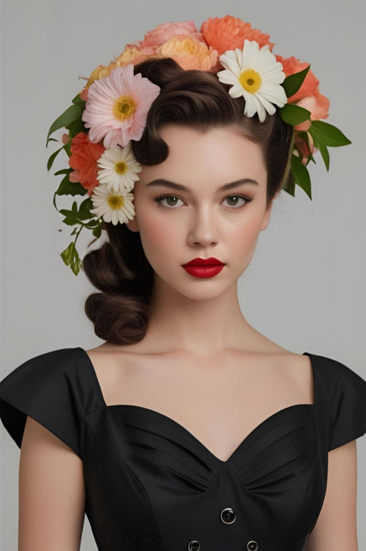 Art print poster of Leah – a woman with soft features, styled hair, and a floral crown of daisies and poppies, wearing a vintage black dress. A part of the Lily and Friends collection.