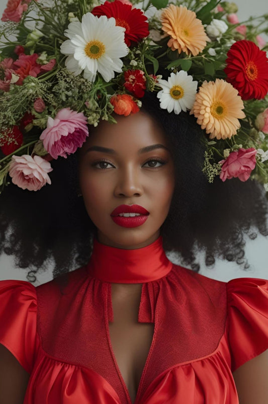 Framed portrait of a confident Black woman with natural afro hair and a floral crown of gerberas, daisies, and wildflowers, wearing a red satin dress with a high neckline.